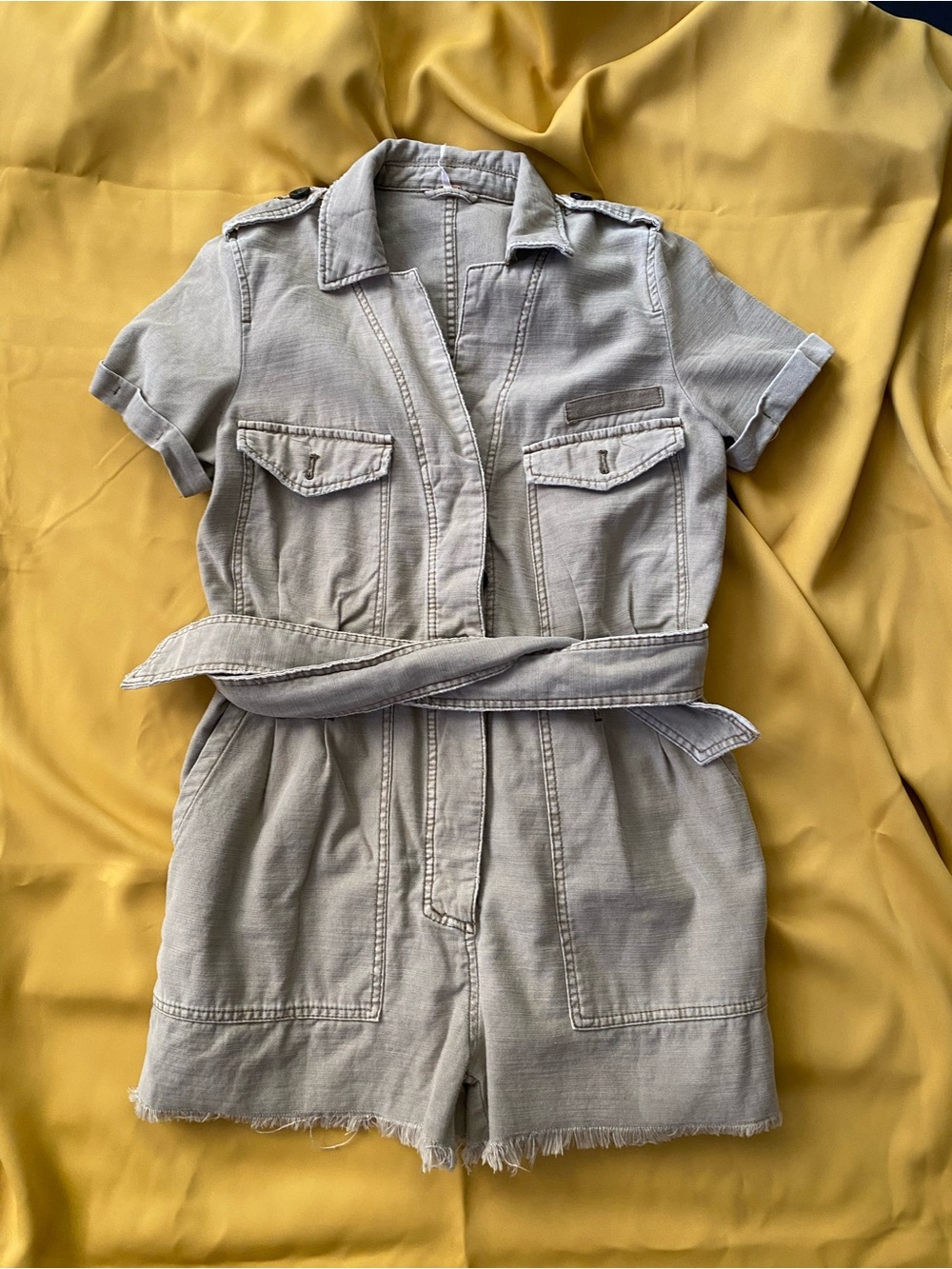 Free People- casual Short Sleeve Denim Romper in khaki